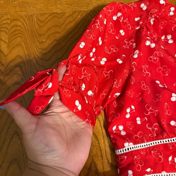 eShakti Red Cherry Print Peplum Top Sz S Bow Sleeve Retro Pinup Baby Doll Top - Picture 12 of 14